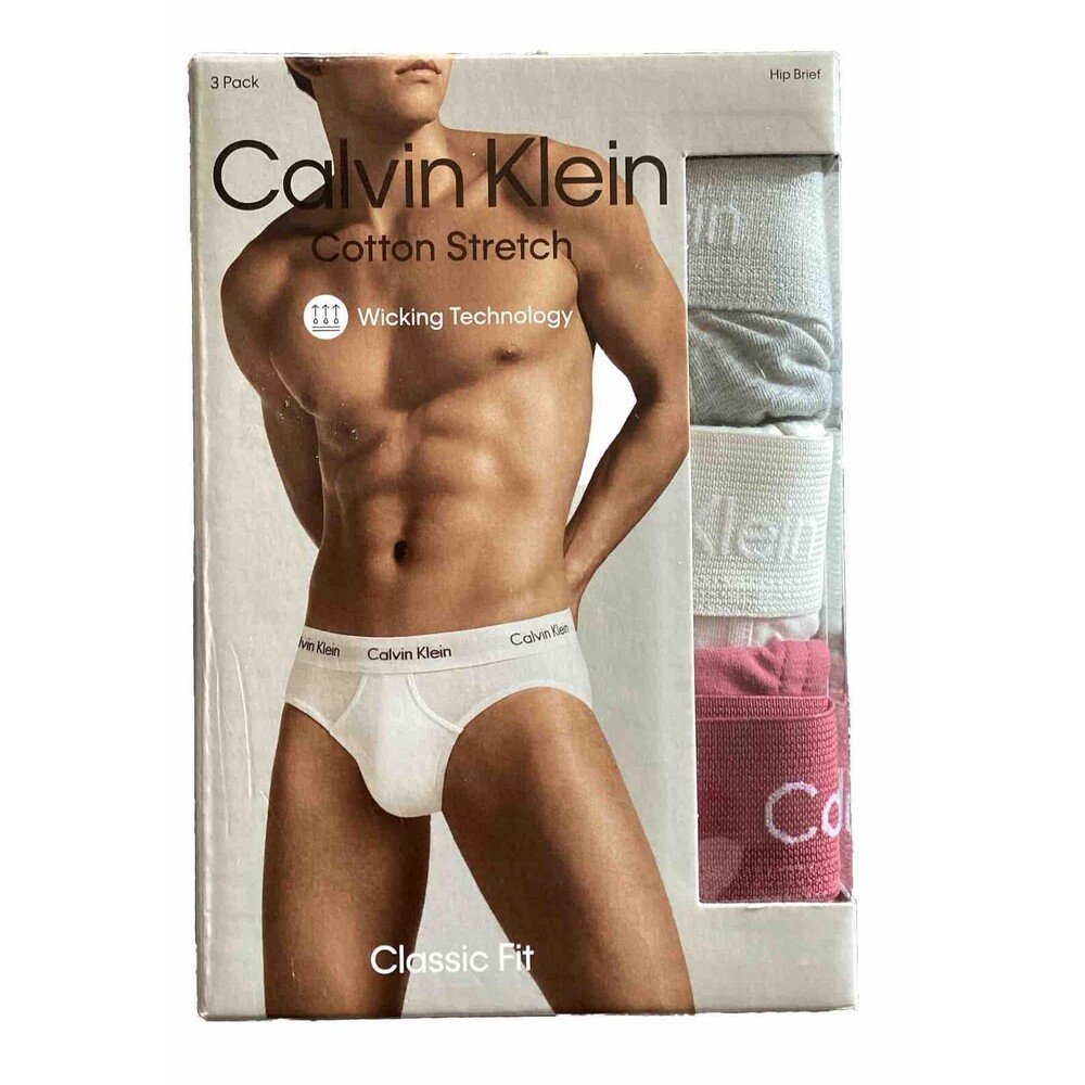 Calvin Klein Mens 3 Pack Cotton Stretch Hip Brief Classic Fit Gray/Burgundy XXL
